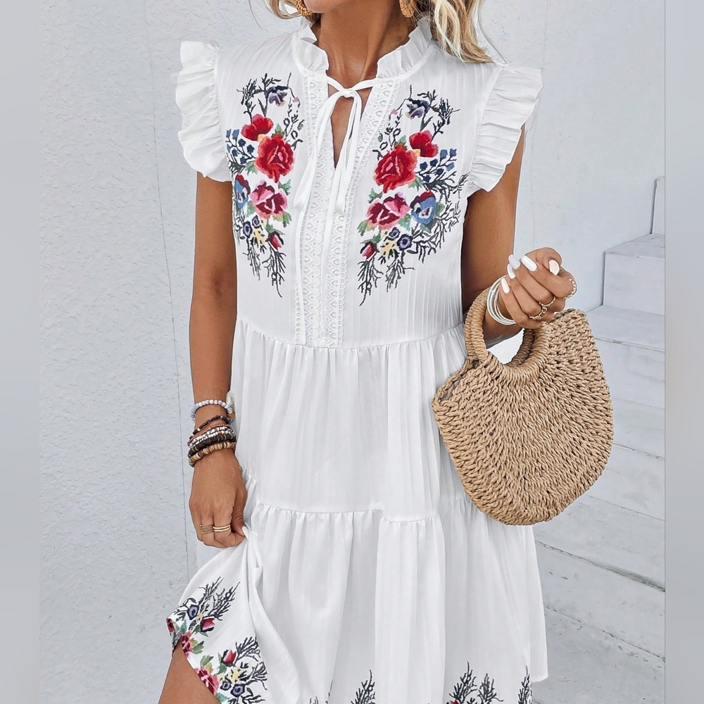 Summer Easter White Floral Print Women's Dress With Ruffle Sleeves - Picture 1 of 4
